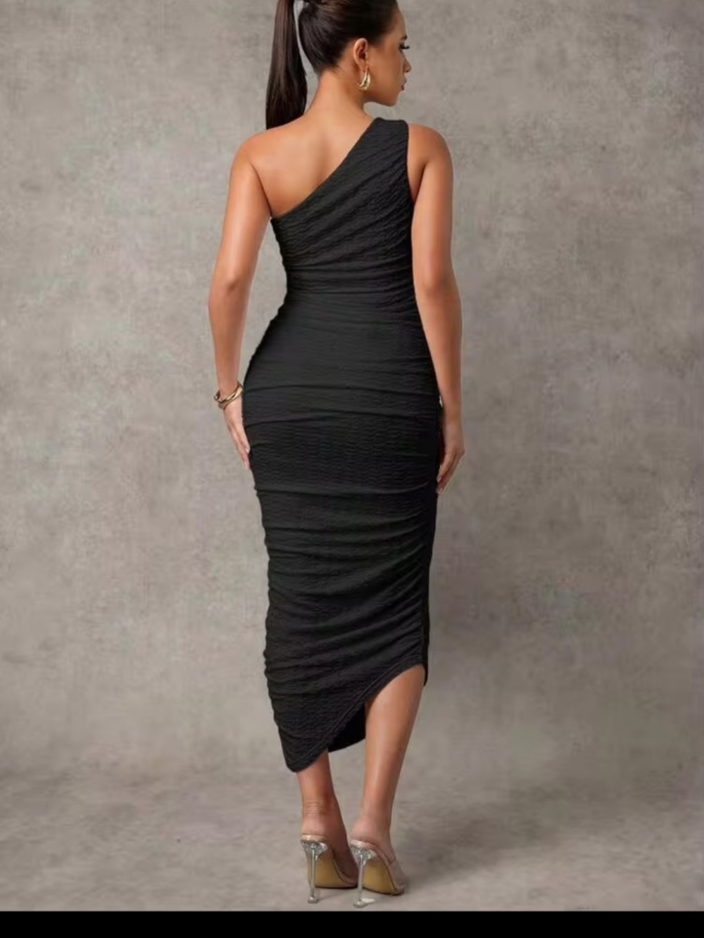 Black One-Shoulder Ruched Maternity Midi Dress